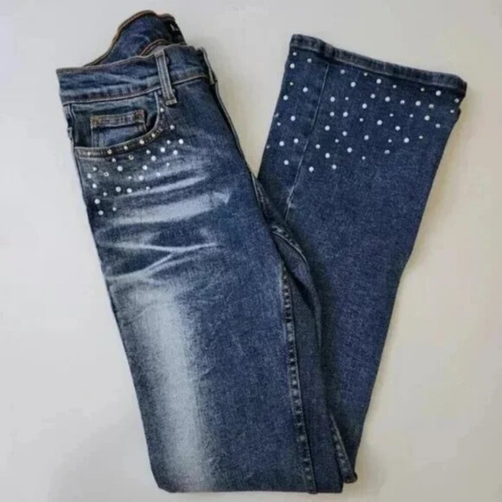 Women's Skinny Boot Cut Acid Wash Casual Rhinestone Blue Denim Jeans Size 29